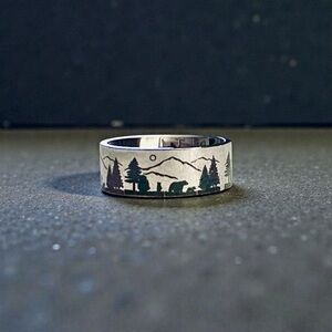 Men’s Outdoor Life Wedding Band Mountains Bears Trees Mens Ring Engagement Hike